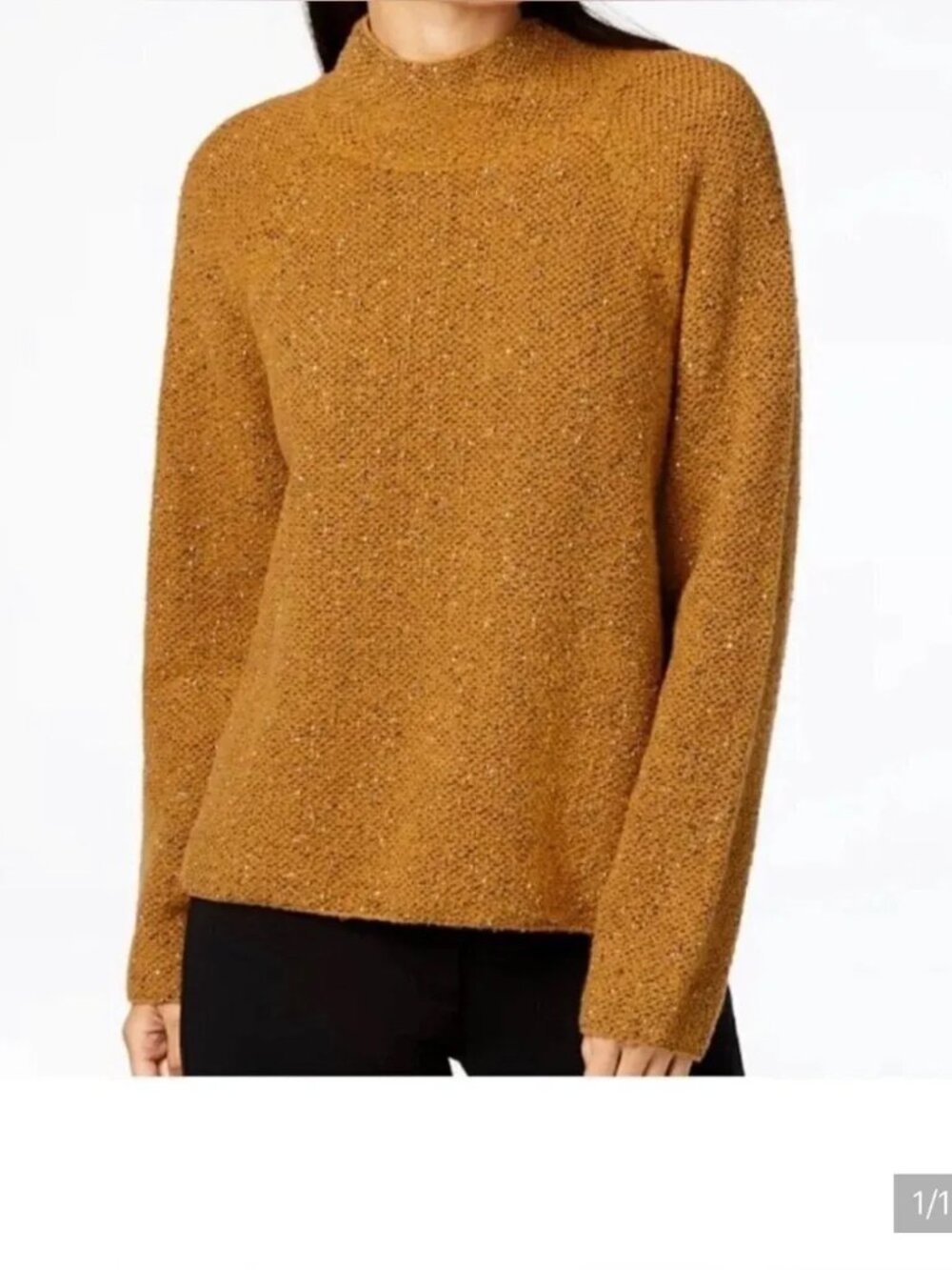 Eileen Fisher Funnel High Neck Mustard Yellow Speckled Organic Cotton Sweater, S